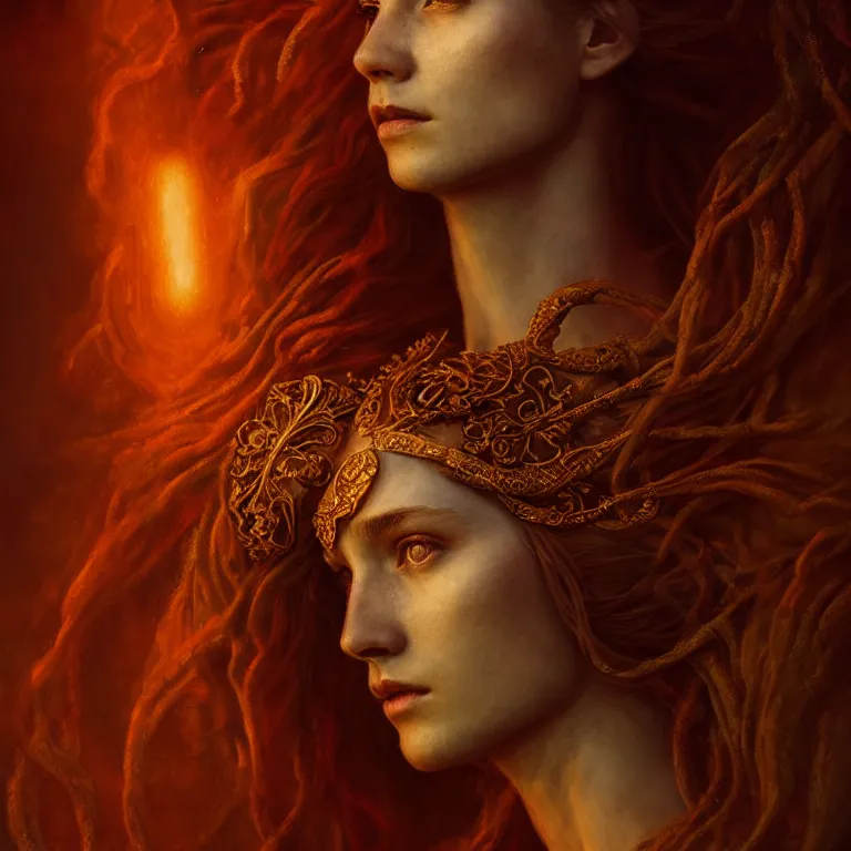 Image similar to majestic gracious regal goddess persephone portrait, ancient greece, elysium, atmospheric lighting, painted, intricate, volumetric lighting, beautiful, rich deep colours masterpiece, golden hour, sharp focus, ultra detailed, by leesha hannigan, ross tran, thierry doizon, kai carpenter, ignacio fernandez rios