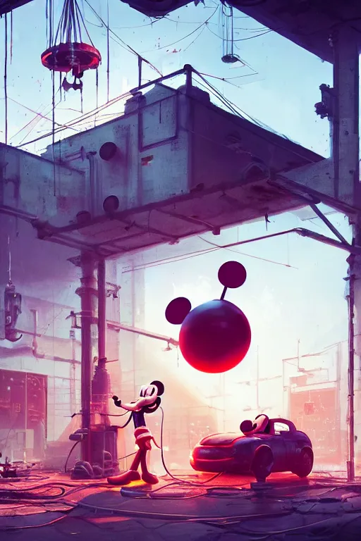 Image similar to mechanics fixing bloody mickey mouse head, mechanic facility, made by beeple, cgsociety, artgerm, greg rutkowski, highly detailed intricate 4 k art, low light cinematic, octane render, unreal engine,