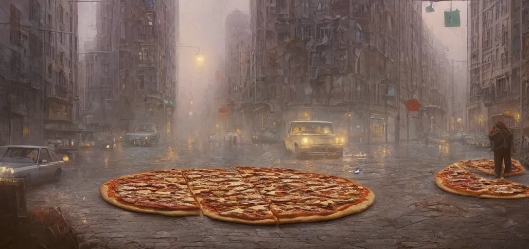 Image similar to a city made of pizza, 80s style, foggy, 8k, james gurney, greg rutkowski, john howe, artstation