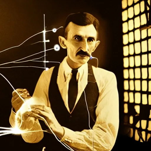 Image similar to Nikola Tesla trying to make electricity with a banana, ultra realistic, studio lighting