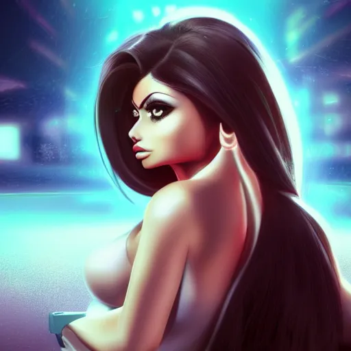 Image similar to portait of haifa wehbe, long hair centred, hd, very detailed curve, unreal engine, sailor moon style, amazing background, rending artstation