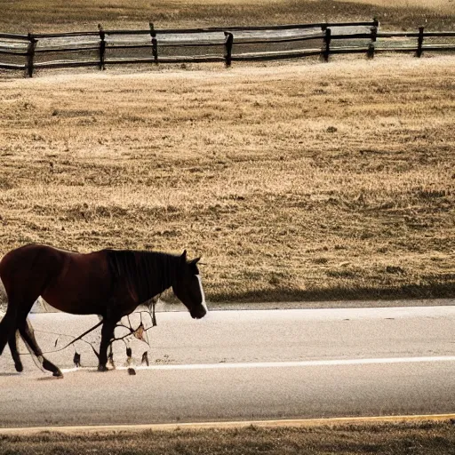 Prompt: horse on a rural highway