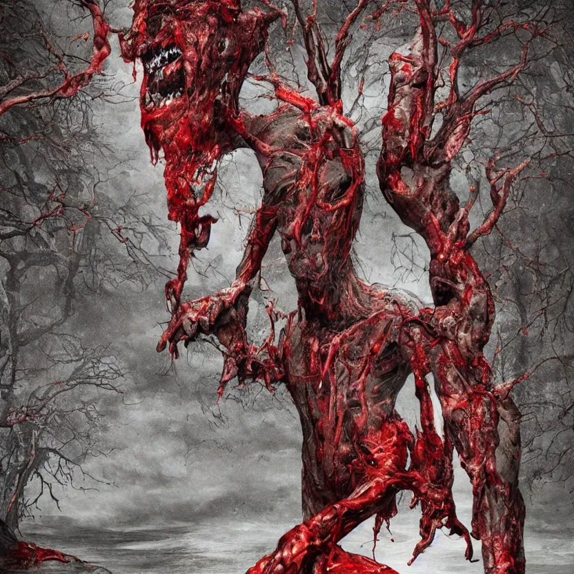 Image similar to a portrait of a man with five heads, twelve arms, sitting on chair made of human limbs, the chair is floating in a lake of blood, around the lake are melting trees, digital art, hyperrealistic nightmare scene, supernatural, highly detailed, creepy, terrifying