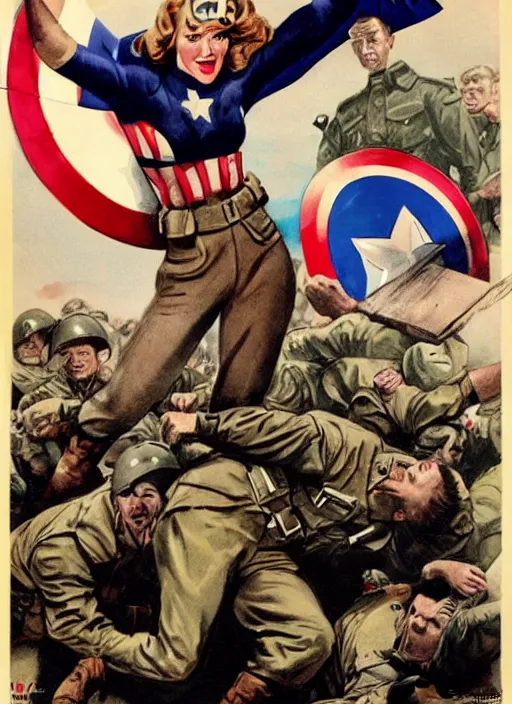 Image similar to female captain america standing on a pile of defeated german soldiers. female captain america wins wwii. american wwii propaganda poster by james gurney. ve day