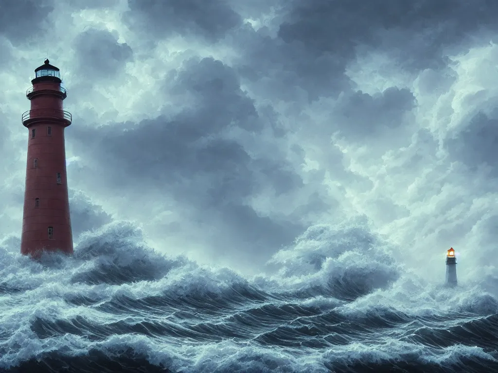 Prompt: A highly detailed matte oil painting of a lighthouse in a storm, crashing waves, hyperrealistic, cinematic, breathtaking, beautiful composition, Studio Ghibli, Artgerm, Dan Mumford, rossdraws, James Jean, beeple, volumetric lighting, octane render, 4K resolution, trending on artstation