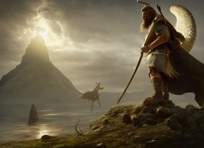 Image similar to an viking invading an angel alone, professional photography, detailed, realistic version of the style Greg Rutkowski, 4k resolution, atmospheric, breathtaking