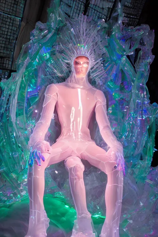 Image similar to full-body rococo and cyberpunk delicate crystalline sculpture of a muscular iridescent slender Spanish male as a humanoid deity wearing a thin see-through plastic hooded cloak sim roupa, reclining con las piernas abiertas, glowing pink face, crown of white lasers, large diamonds, swirling black silk fabric. futuristic elements. oozing glowing liquid, full-length view. space robots. human skulls. throne made of bones, intricate artwork by caravaggio. Trending on artstation, octane render, cinematic lighting from the right, hyper realism, octane render, 8k, depth of field, 3D