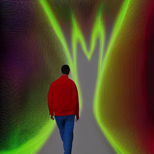 Image similar to a man walking into a static television, detailed digital art