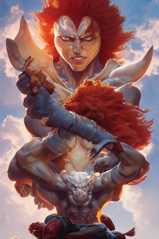 Image similar to painting of thundercats,, ultra realistic, sharp details, subsurface scattering, intricate details, warm lighting, beautiful features, highly detailed, photorealistic, octane render, 8 k, unreal engine, art by artgerm and greg rutkowski and alphonse mucha