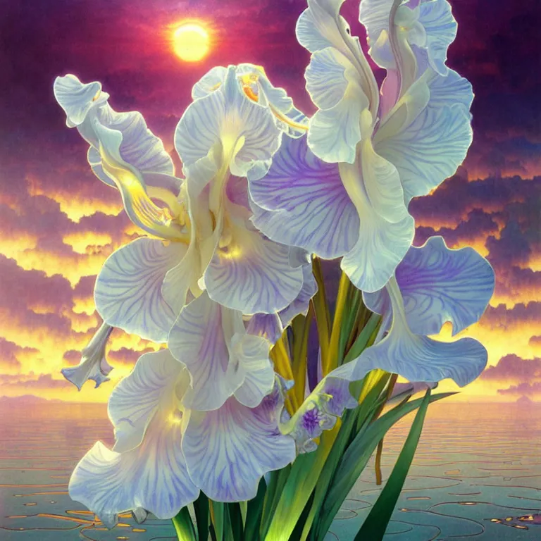 Image similar to detailed giant white holographic orchid iris hybrid flower surrounded by ocean waves, lsd water, lsd ripples, droplets, backlit, sunset, refracted lighting, art by collier, albert aublet, krenz cushart, artem demura, alphonse mucha