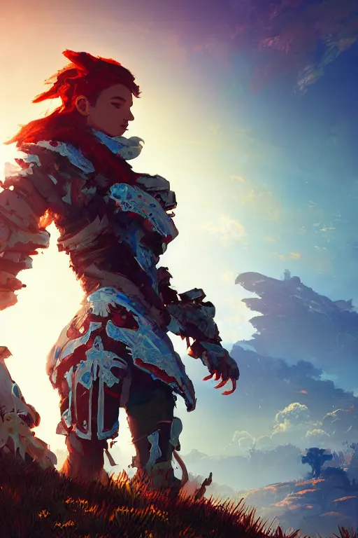 Image similar to combination suit armor aloy horizon forbidden west horizon zero dawn radiating a glowing aura global illumination ray tracing hdr fanart arstation by ian pesty and alena aenami artworks in 4 k tribal robot ninja mask helmet backpack