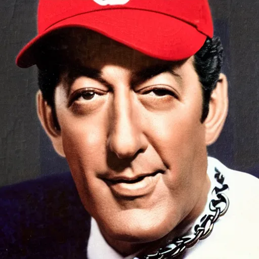 Prompt: portrait of Dean Martin wearing a baseball cap and a $ chain, 90's rap album cover