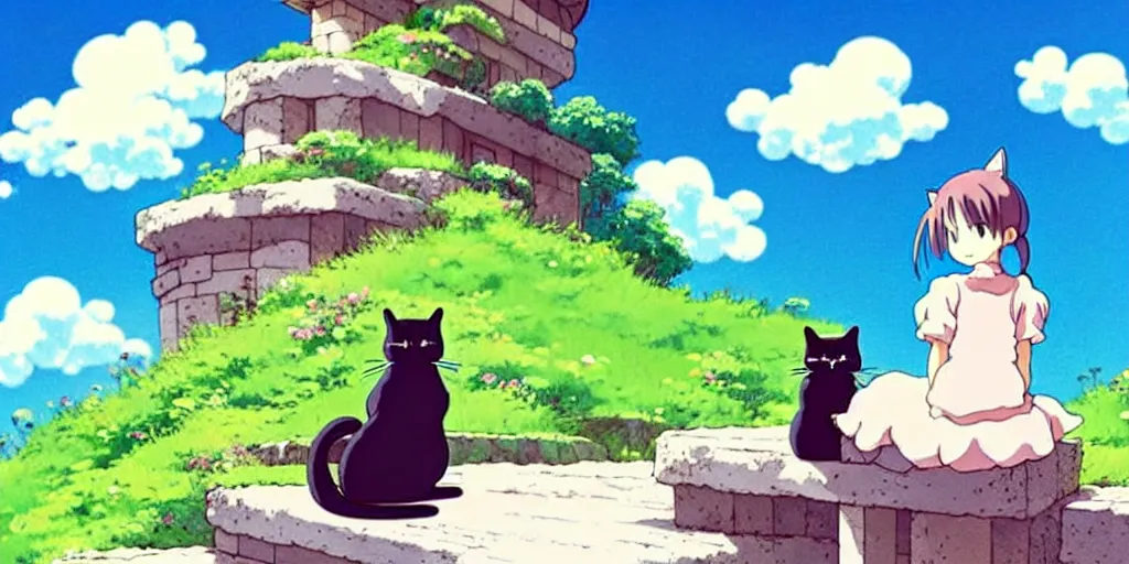 Image similar to the girl and the cat, sitting on stairs. morning in a small village in the mountains, rocky roads, beautifull puffy clouds. anime, studio ghibli. intricate, beautiful, cinematic