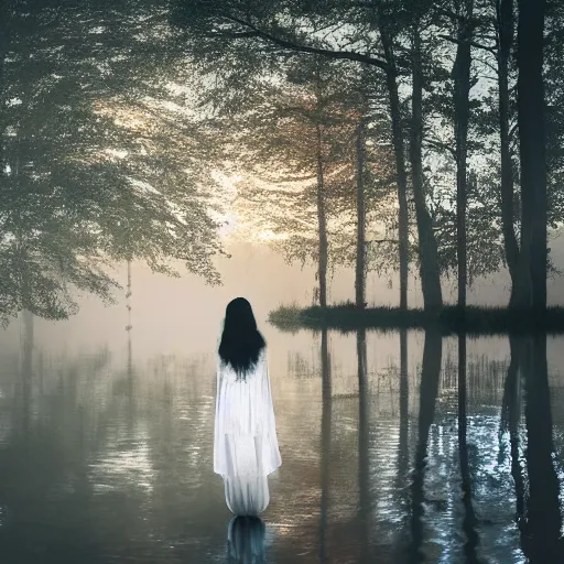 Image similar to a soaking wet ghostly woman in a white dress dancing in a quiet misty lake, high resolution photograph, late autumn, sunset, eerie light