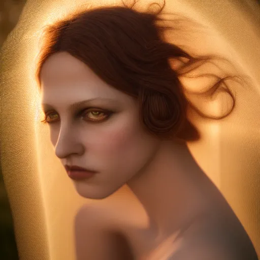 Image similar to photographic portrait of a stunningly beautiful gothic art nouveau female in soft dreamy light at sunset, god rays, contemporary fashion shoot, by edward robert hughes, annie leibovitz and steve mccurry, david lazar, jimmy nelsson, breathtaking, 8 k resolution, extremely detailed, beautiful, establishing shot, artistic, hyperrealistic, beautiful face, octane render