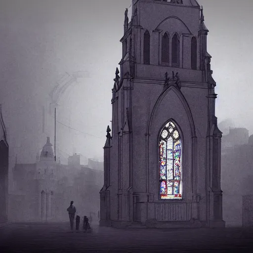 Image similar to victorian church in the middle of the city, dark, misty, at night, 8 k, detailed, concept art, trending on artstation