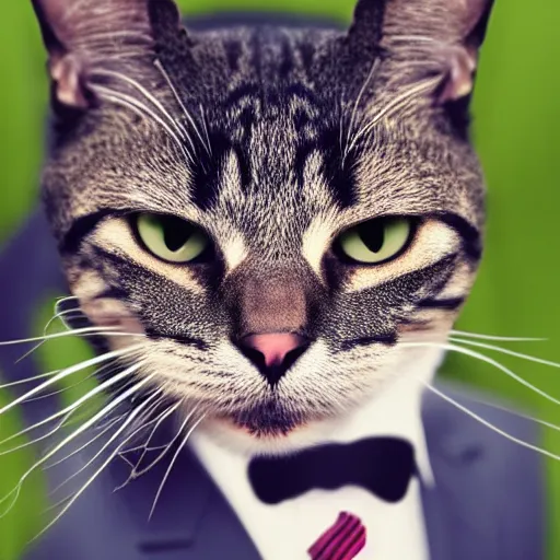 Image similar to a high detail closeup shot of a cat wearing a suit and smoking a cigar