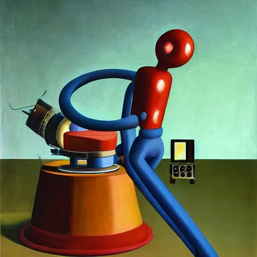 Image similar to mad scientist at a control panel programming a wacky robot in a gyroscope, grant wood, pj crook, edward hopper, oil on canvas