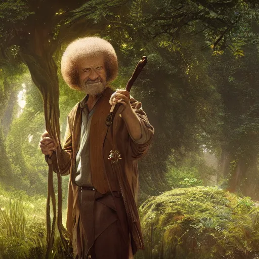 Prompt: an ultra detailed matte painting bob ross as an ent from the lord of the rings, fantasy concept art by alphonse mucha and greg rutkowski, octane render, 8 k, detailed face