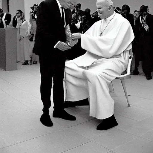 Image similar to john paul ii admiring a yeezy shoe sneaker which he holds in his hands