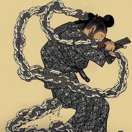 Image similar to by hokusai, samurai man vagabond, the samurai is wrapped in chains, detailed, editorial illustration, matte print, concept art, ink style, sketch, digital 2 d