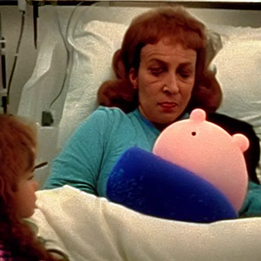 Prompt: woman who has given birth to a squishy inflatable toy, in hospital bed, Fellini film, 1974 archival footage, technicolor film expired film, 16mm, wacky children's tv