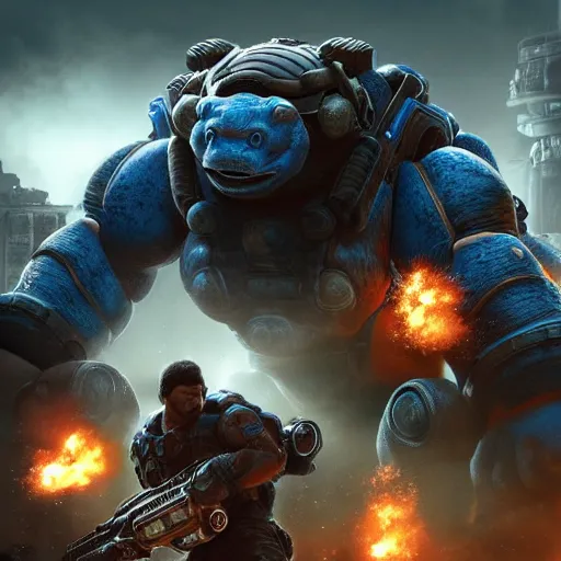 Image similar to a 'Blastoise Tank' in 'Gears of War', splash art, movie still, cinematic lighting, detailed face, dramatic, octane render, long lens, shallow depth of field, bokeh, anamorphic lens flare, 8k, hyper detailed, 35mm film grain