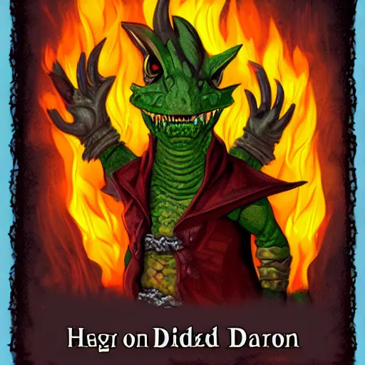 Image similar to HD Dungeons and Dragons character portrait of a Lizard Warlock, with fire in his eyes and evil in his heart