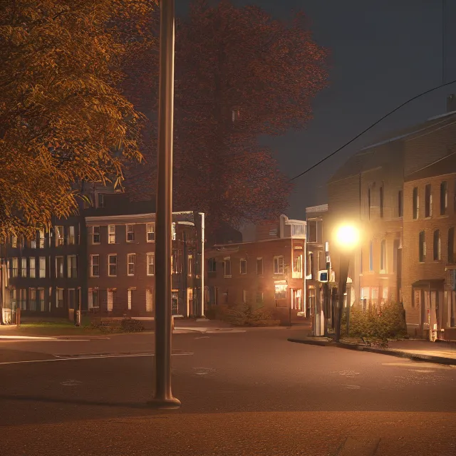 Prompt: night time photo of portsmouth new hampshire on halloween, tall maple trees along street, old street lamps, volumetric, realistic, cinematic lighting, ray tracing, unreal engine 5, octane render, hyper realistic, 8 k