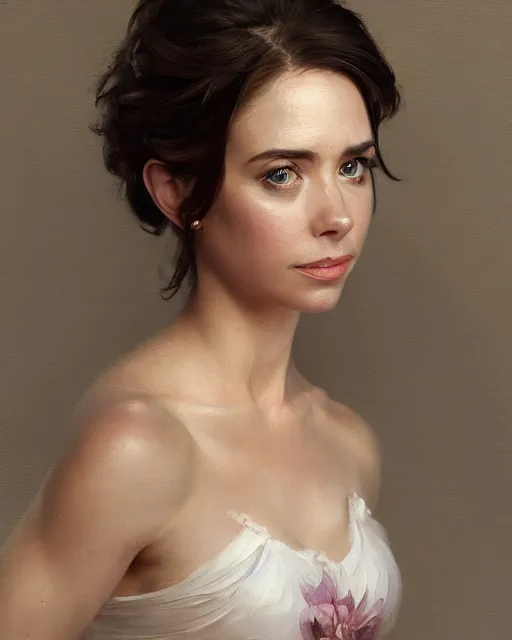 Prompt: a portrait painting of linda cardellini / alison brie / anne hathaway / rachel lane hybrid oil painting unreal 5 daz. rpg portrait, extremely detailed artgerm, greg rutkowski, alphonse mucha, vladimir volegov, adolphe bouguereaum, greg hildebrandt, tim hildebrant