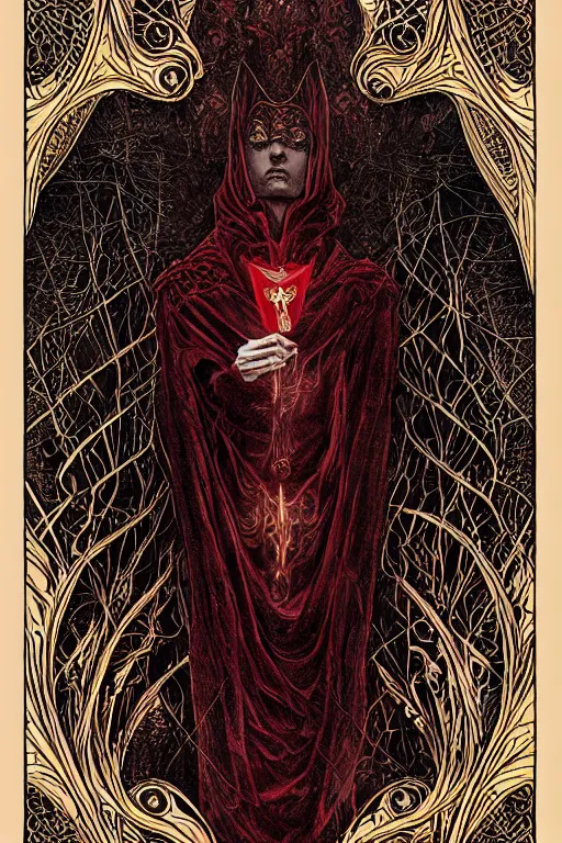 Prompt: portrait of a majestic beautiful androginous vampire, in style of Midjourney, tarot card, insanely detailed and intricate vibrant crimson and black line work, golden ratio, elegant, gothic fog, ornate, horror, elite, ominous, haunting, matte painting, cinematic, cgsociety, Olivier Ledroit, James jean, Noah Bradley, Darius Zawadzki, vivid and vibrant