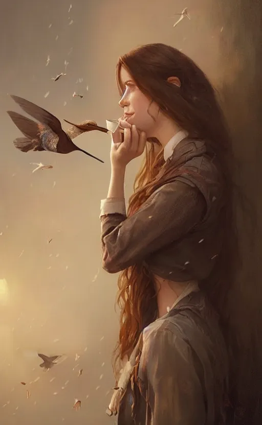 Prompt: portrait of a woman with brown hair sipping tea next to a humming bird, concept art, fantasy, highly detailed, cinematic lighting, digital painting by greg rutkowski