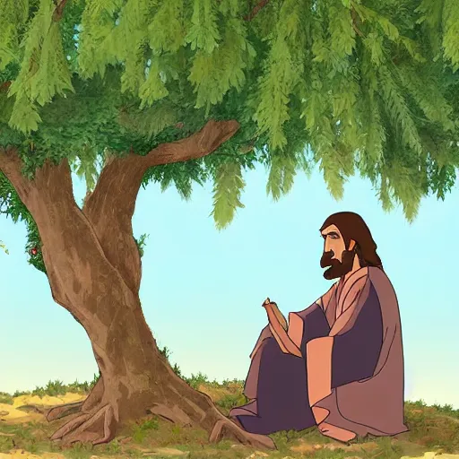 Prompt: jesus of nazareth sitting under an olive tree in the style of studio ghibli, full color, highly detailed