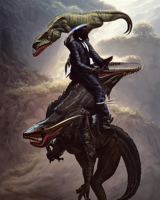 Image similar to michael jackson riding a veliciraptor, real life skin, intricate, highly detailed, artstation, concept art, smooth, sharp focus, art by artgerm and greg rutkowski