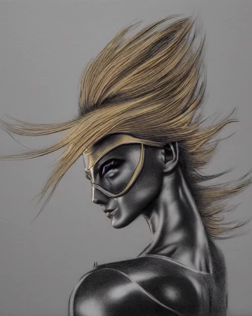 Image similar to golden pencil drawing of beautiful robot - cat woman face, goddess, beautiful blonde hair flying in the wind, hyper realistic face, in the style of greg rutkowski, fantasy, amazing detail, epic, elegant, smooth, sharp focus, from the front