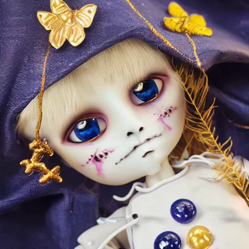 Image similar to lovely realistic ball jointed high end lapis lazuli porcelain with gold inclusions skeleton doll with cute white yellow overalls and cute nature themed accessories, inside gothic doll manor bedroom, god rays, dust particles, photorealistic, aesthetic shot, worms eye view, macro camera lens, high definition, cartoon proportions, cinematic, lens flare