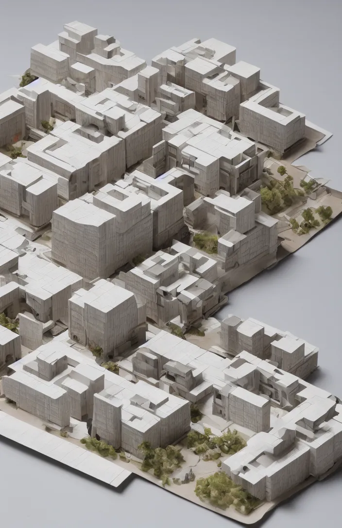 Image similar to isometric view, architectural model, studio lighting, low contrast, wood and paper, social housing for 1 0 0 0 household, zaha hadid, high tech, post - modernism