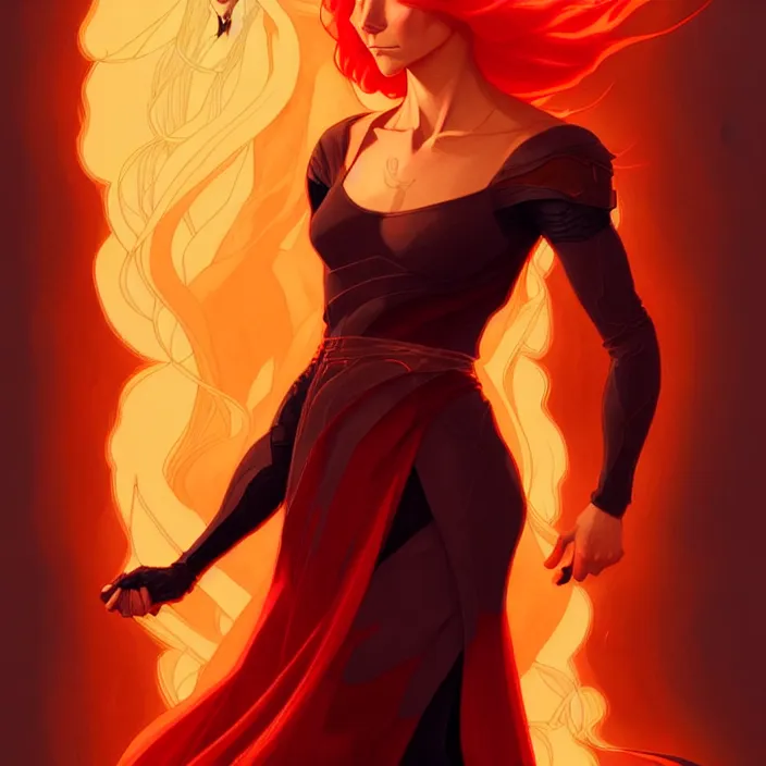 Image similar to style artgerm, joshua middleton, ellen jewett, beautiful kristen bell with dark red dress, very long orange hair, symmetrical face, symmetrical eyes, fire powers fire swirling, detailed, volcano setting, cinematic lighting