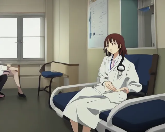 Prompt: a cute young female doctor wearing white coat are talking to a patient in a clinic room, slice of life anime, lighting, anime scenery by Makoto shinkai