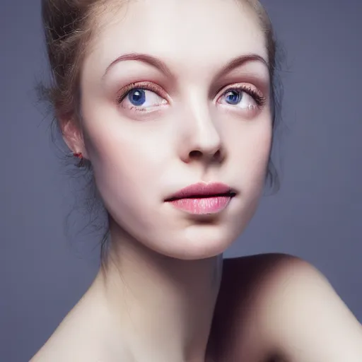 Image similar to woman with porcelain skin, pale eyes, pale pink lips. portrait, high - key, 4 k, photography,