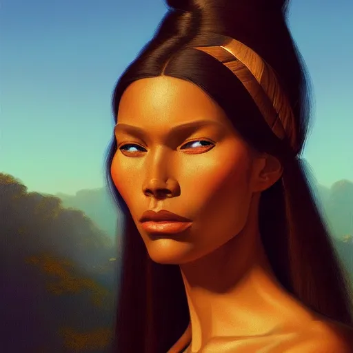 Prompt: portrait of pocahontas, expressive pose, Surrealism, highly detailed, digital painting, artstation, concept art, smooth, sharp focus, by Jean Auguste Dominique Ingres