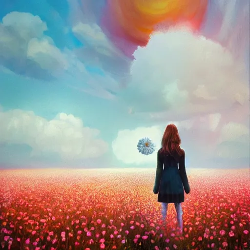 Prompt: giant daisy flower as a head, girl walking in flower field, surreal photography, sunrise, dramatic light, impressionist painting, colorful clouds, digital painting, artstation, simon stalenhag