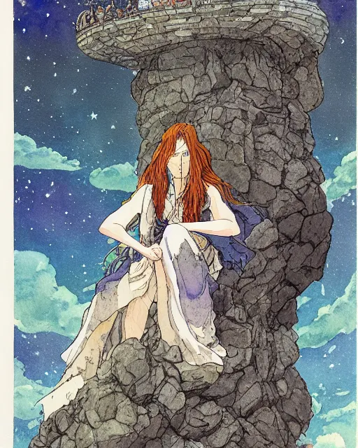 Prompt: a hyperrealist studio ghibli watercolor fantasy concept art of a giant long haired grey witch in lotus position sitting on top of stonehenge with a starry sky in the background. a ufo is in the sky. by rebecca guay, michael kaluta, charles vess