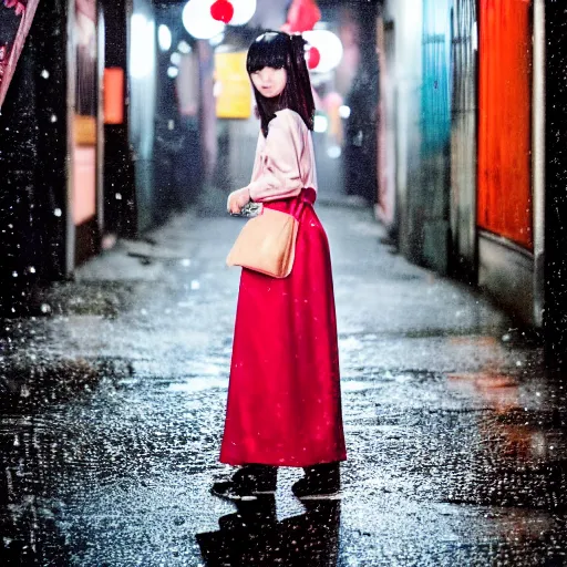 Prompt: portrait of a young japanese woman drinking a campari spritz in a tokyo alley at night, raining, photography