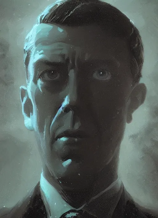 Image similar to highly detailed portrait of h p lovecraft by greg rutkowski, mike mignola, tom bagshaw artgerm and ross tran, beautiful dramatic dark moody lighting, volumetric, cinematic atmosphere, photorealism, glossy magazine painting, global illumination, deep color, 8 k resolution, high details, flickr, dslr, zbrushcentral, cgsociety, artstation