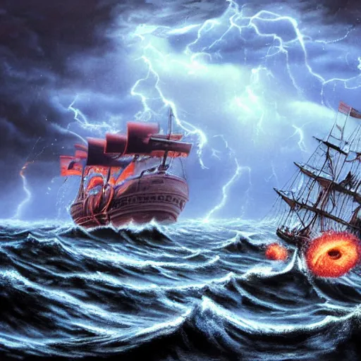 Image similar to a highly detailed hyperrealistic scene of a ship being attacked by giant squid tentacles, jellyfish, squid attack, dark, voluminous clouds, thunder, stormy seas, pirate ship, dark, high contrast, fiery galaxy, nomadic