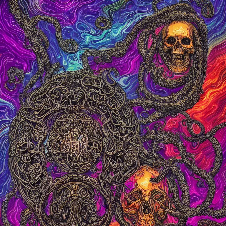 Prompt: a intricate mandala of skulls and bone with deep and intricate rune carvings and braided lovecraftian tentacles by dan mumford, colorful space nebula, twirling smoke trails, a twisting vortex of dying galaxies, collapsing stars, digital art, photorealistic, vivid colors, highly detailed, intricate