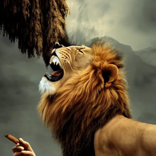 Image similar to a lion smoking a cigar, dramatic lighting, cinematic, establishing shot, extremely high detail, foto realistic, cinematic lighting, post processed, concept art, high details, cinematic, 8k resolution, beautiful detailed, photorealistic, digital painting, artstation, concept art, smooth, sharp focus, artstation trending, octane render, unreal engine