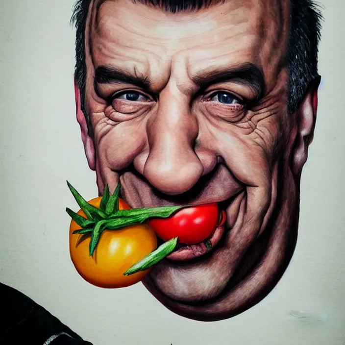 Image similar to portrait of till Lindemann. Caricature artwork. trending on artstation, very coherent symmetrical artwork. He's eating a tomato. He cosplays thanos. cinematic, hyper realism, high detail, newspaper illustration, iridescent accents