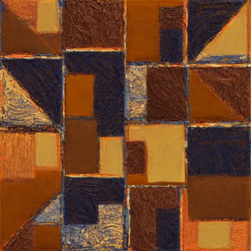 Image similar to masterpiece abstract painting of hundreds of detailed highly layered three - quarter angle rocky square shapes in rich earthy tones. abstract quality with an mathematical quality.